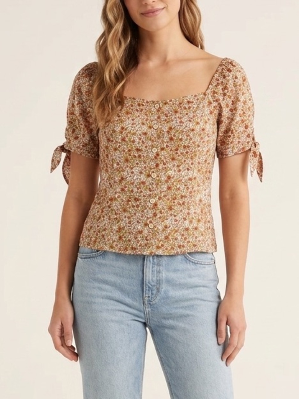 Sweet Wanderer Floral Puff Sleeve Square Neck Top Short Sleeve Shirt Size Medium